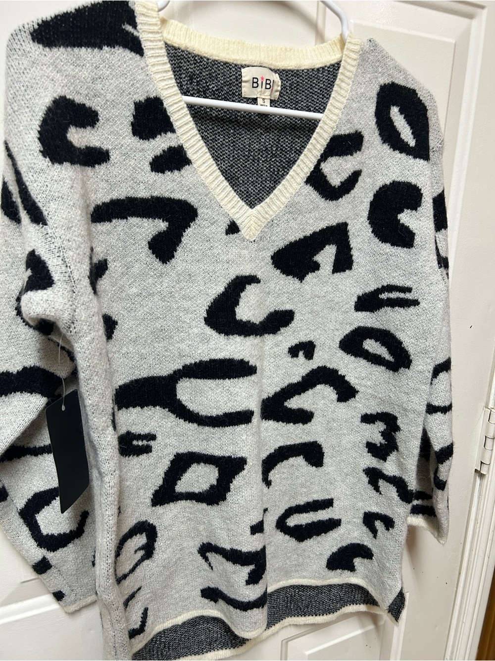 BiBi Gray & Black Leopard V-Neck Sweater